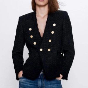 🔥ZARA Favorite Black Textured Tweed Blazer Women’s Gold Buttons